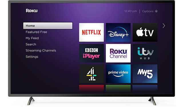 A Grid Layout on a purple gradient background with tiles of the logos for Netflix, Disney +, Apple TV, BBC iPlayer, Roku Channel, iTV, Channel 4, Prime Video, My 5 on the right and Navigation items on the left