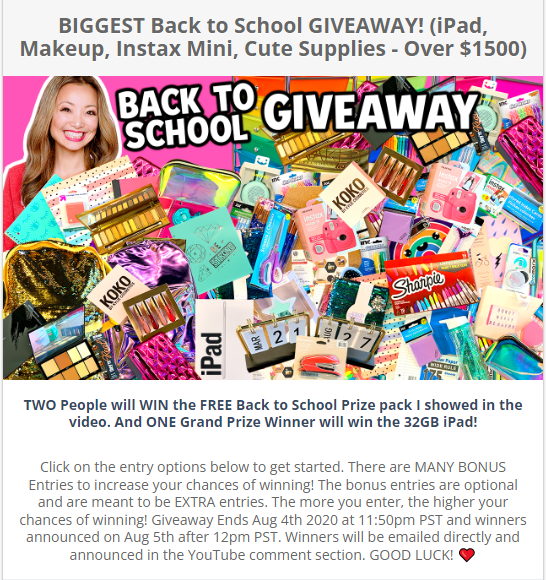 A screenshot of a youtube contest about a back to school giveaway promotional banner.