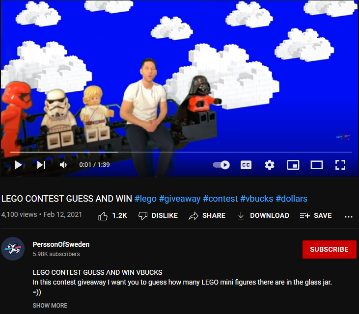 PerssonofSweden Channel Lego Contest Guess and win screenshot from YouTube