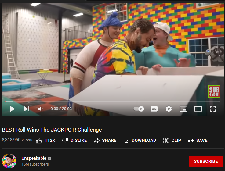 Unspeakable channel video of a Jackpot challenge screenshot from YouTube.