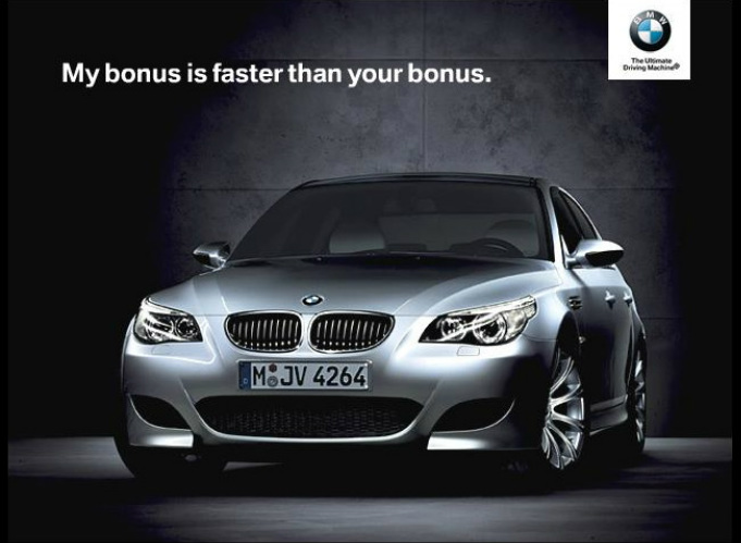 BMW Advertisement with a car in the center and text that reads 'My Bonus is faster than your bonus'.